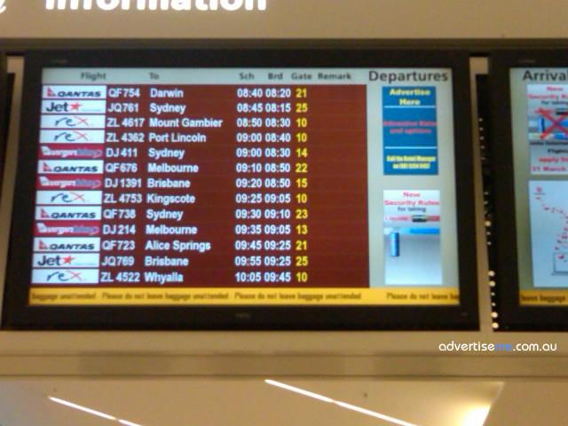 阿德萊德機場利用數(shù)字標牌顯示航班和廣告,<a href='http://www.jsgfmy.com/webpage/tagsList.aspx?TagId=133'>信息發(fā)布系統(tǒng)</a>,數(shù)字標牌,<a href='http://www.jsgfmy.com/webpage/tagsList.aspx?TagId=31'>Digital Signage</a>